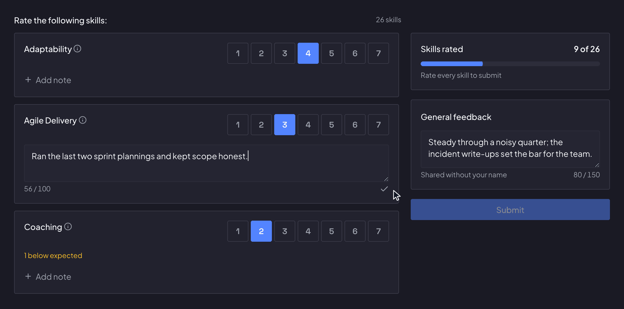 An assessment being filled in. Each skill is a card with a seven-rung mastery strip and one rung lit; one card is flagged as a level below what is expected, and a note is half-typed under another. Beside them a panel counts nine skills rated of twenty-six over a part-filled bar, and the Submit button is still grayed out.