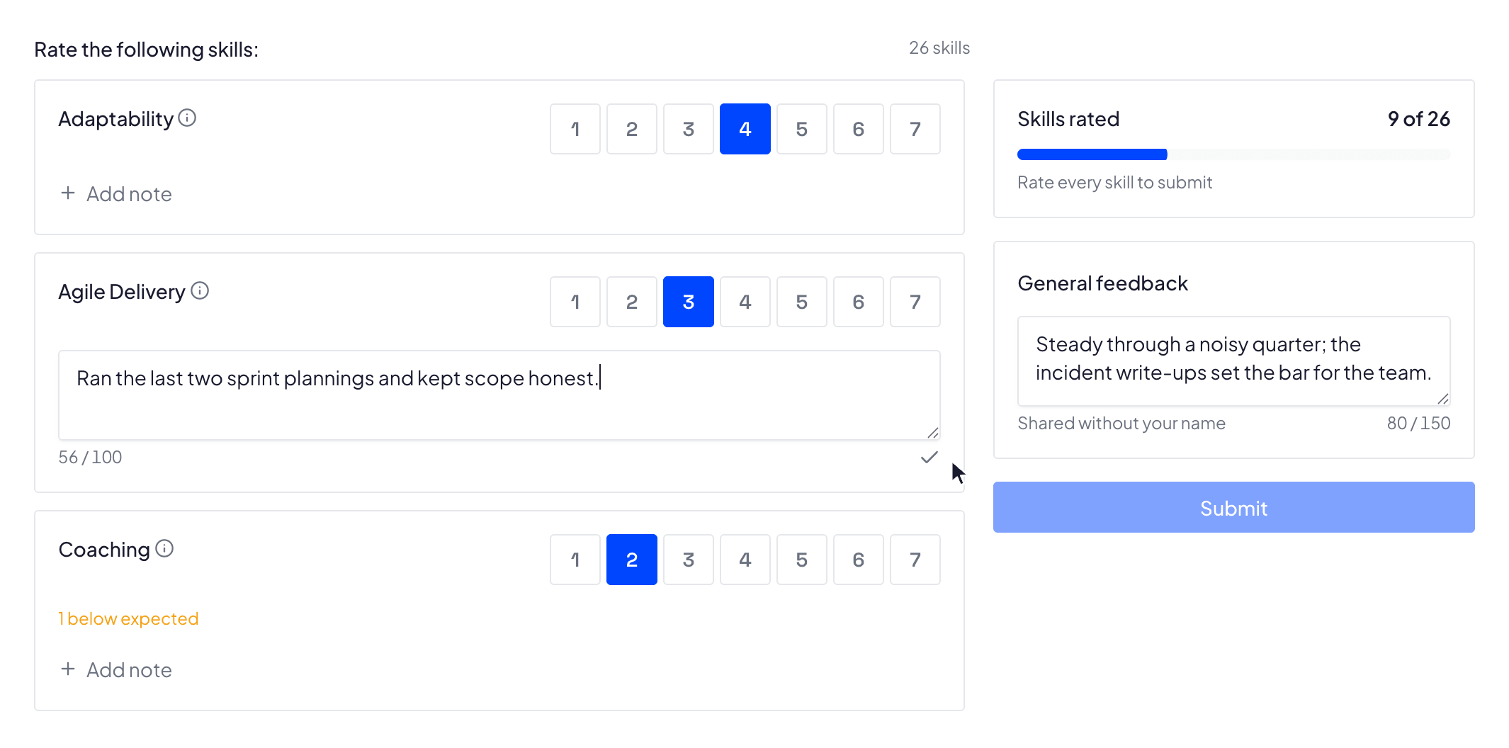 An assessment being filled in. Each skill is a card with a seven-rung mastery strip and one rung lit; one card is flagged as a level below what is expected, and a note is half-typed under another. Beside them a panel counts nine skills rated of twenty-six over a part-filled bar, and the Submit button is still grayed out.